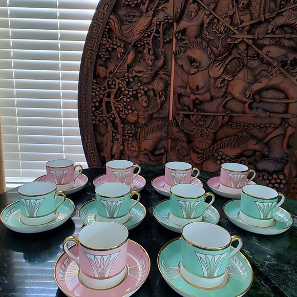 1941 Copeland Spode Custom Made Porcelain Demi-Tasse Pink Green Tea Set - Picture 7 of 16